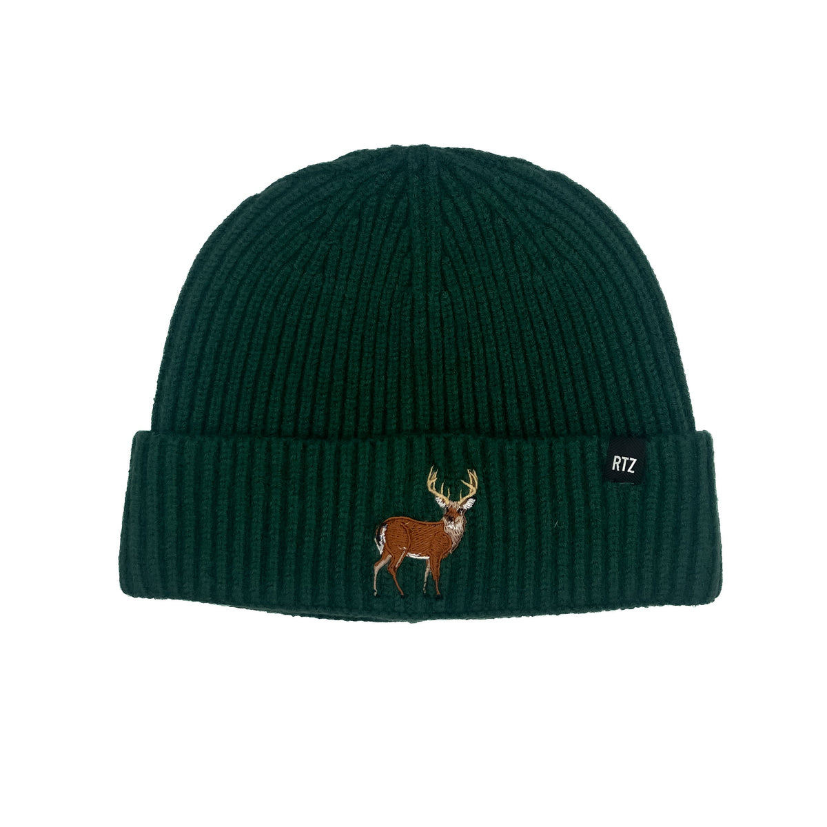 Rey To Z Buck Beanie in Forest Green showing antlered buck artwork on the folded cuff