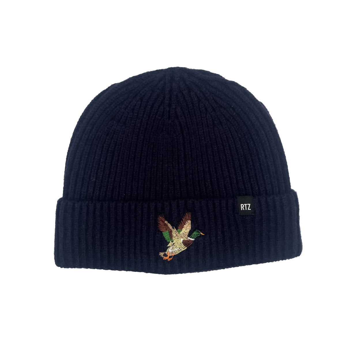 Rey To Z Mallard Beanie in Midnight showing mallard duck artwork on the folded cuff