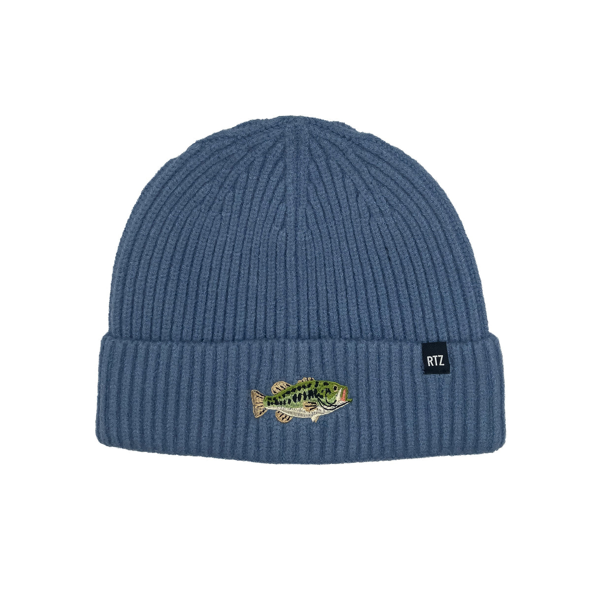 Rey To Z Stormy Blue ribbed Bass Beanie with a folded cuff and fish patch