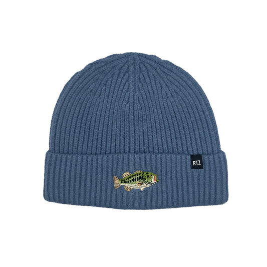 Rey To Z Stormy Blue ribbed Bass Beanie with a folded cuff and fish patch