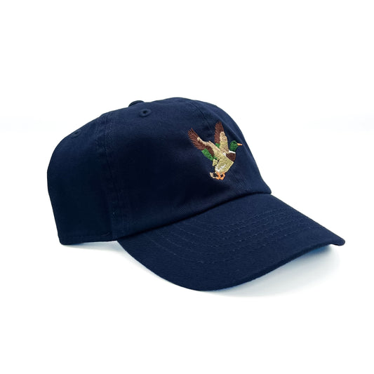 Angled view of Rey To Z Mallard Baseball Hat in Navy showing the curved bill and front design