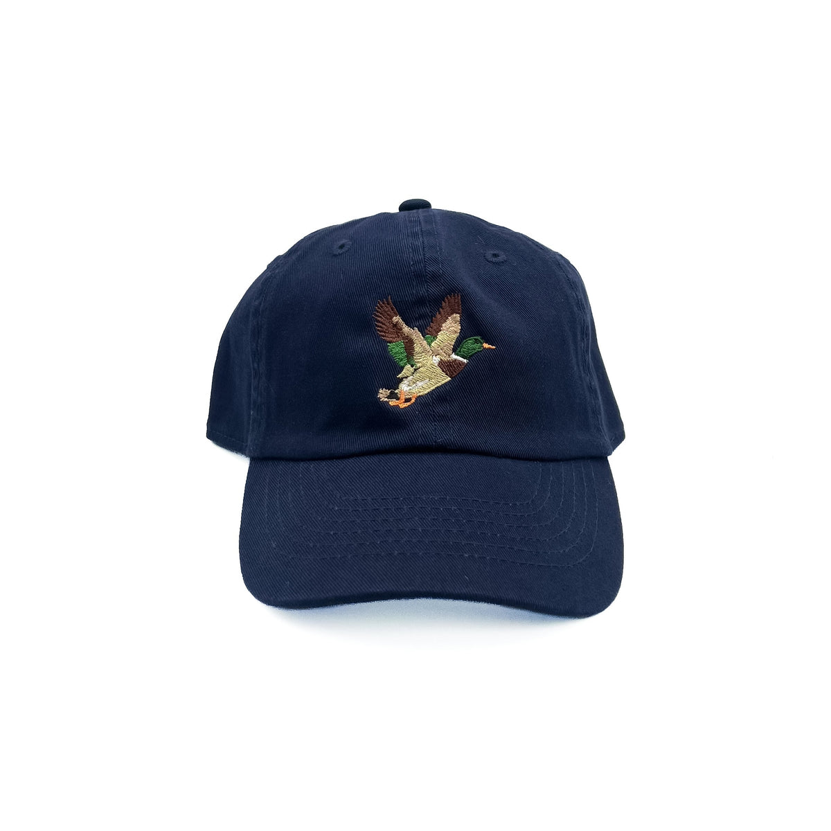 Front view of Rey To Z Mallard Baseball Hat in Navy showing mallard duck front artwork