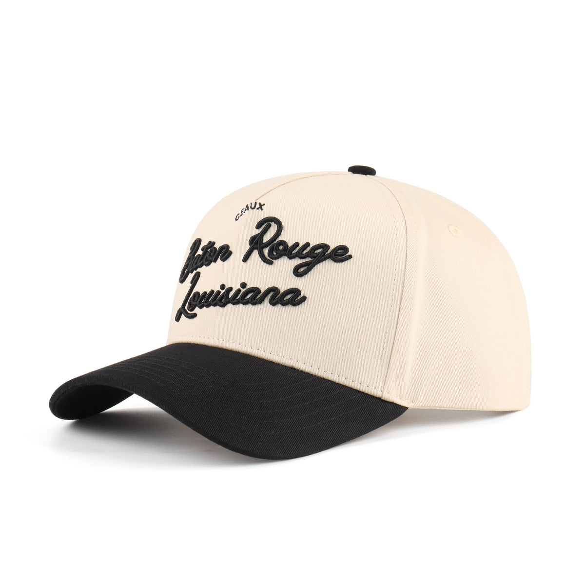 Opposite angled view of the Destination Hat Co. Baton Rouge script cap showing the black lettering