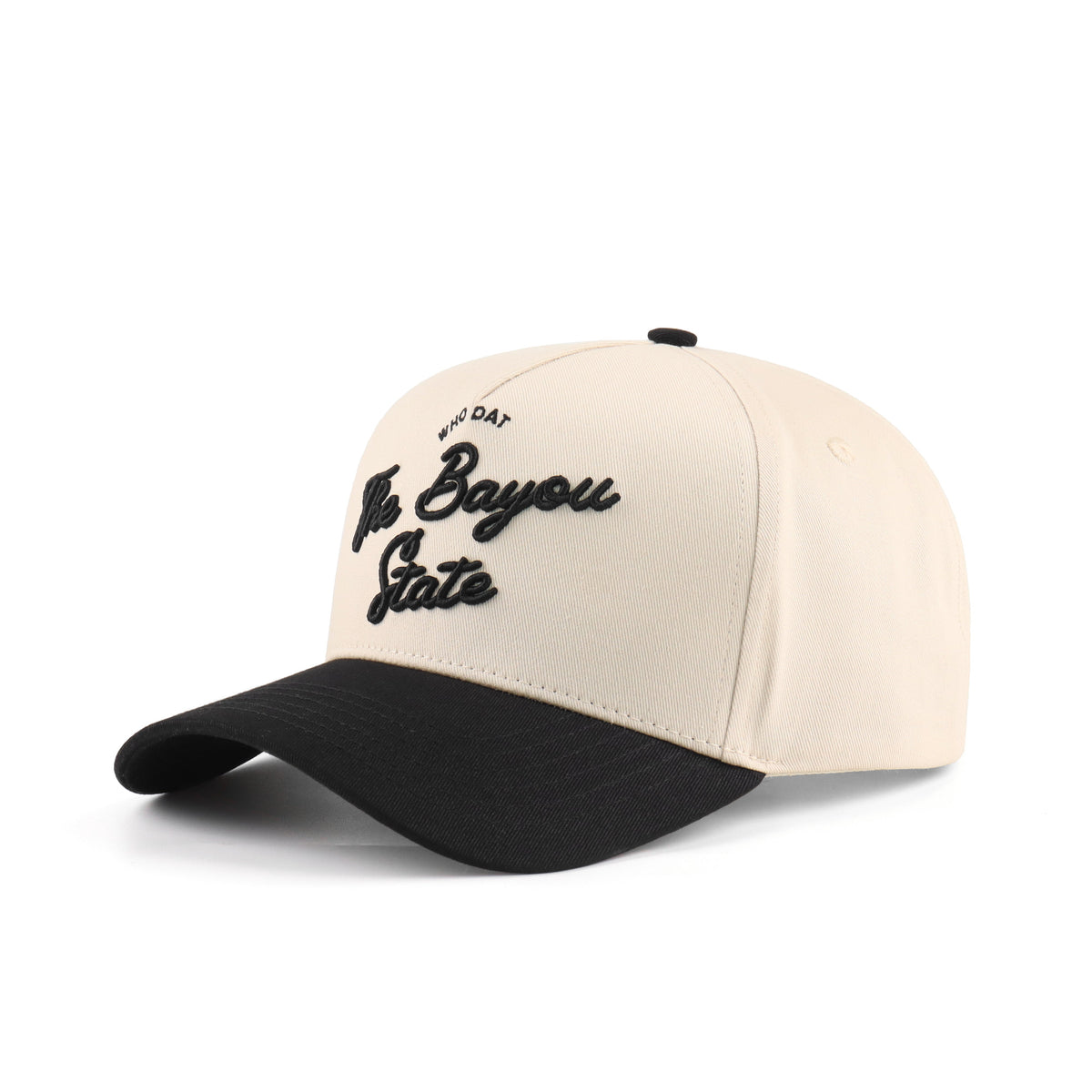 Opposite angled view of the Destination Hat Co. Bayou script cap showing the black lettering