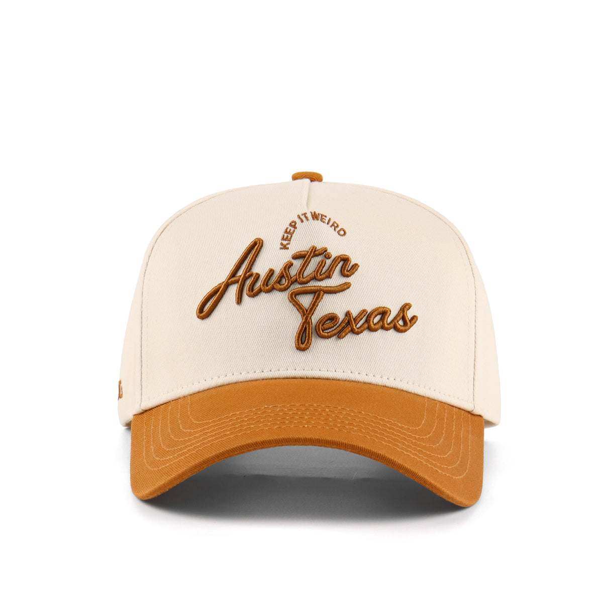 Front view of the Destination Hat Co. Austin script cap with brown embroidery