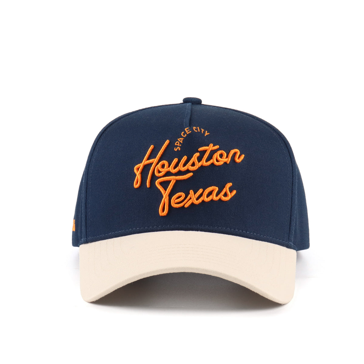 Front view of the Destination Hat Co. Houston script cap with orange embroidery
