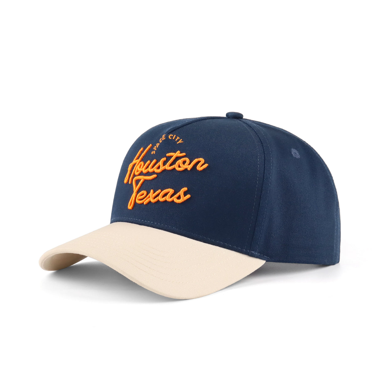 Opposite angled view of the Destination Hat Co. Houston script cap showing the orange lettering