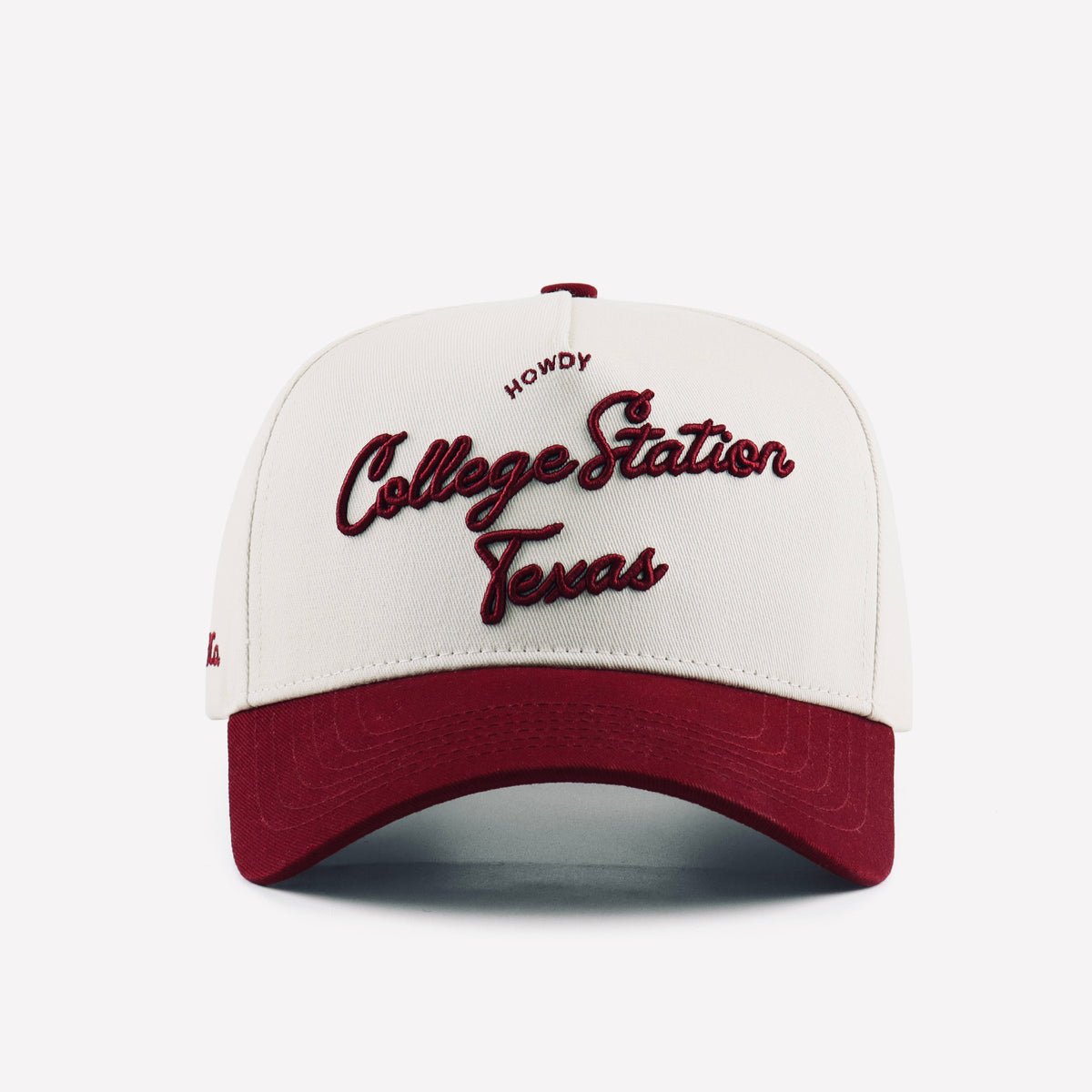 Front view of the Destination Hat Co. College Station Script Hat