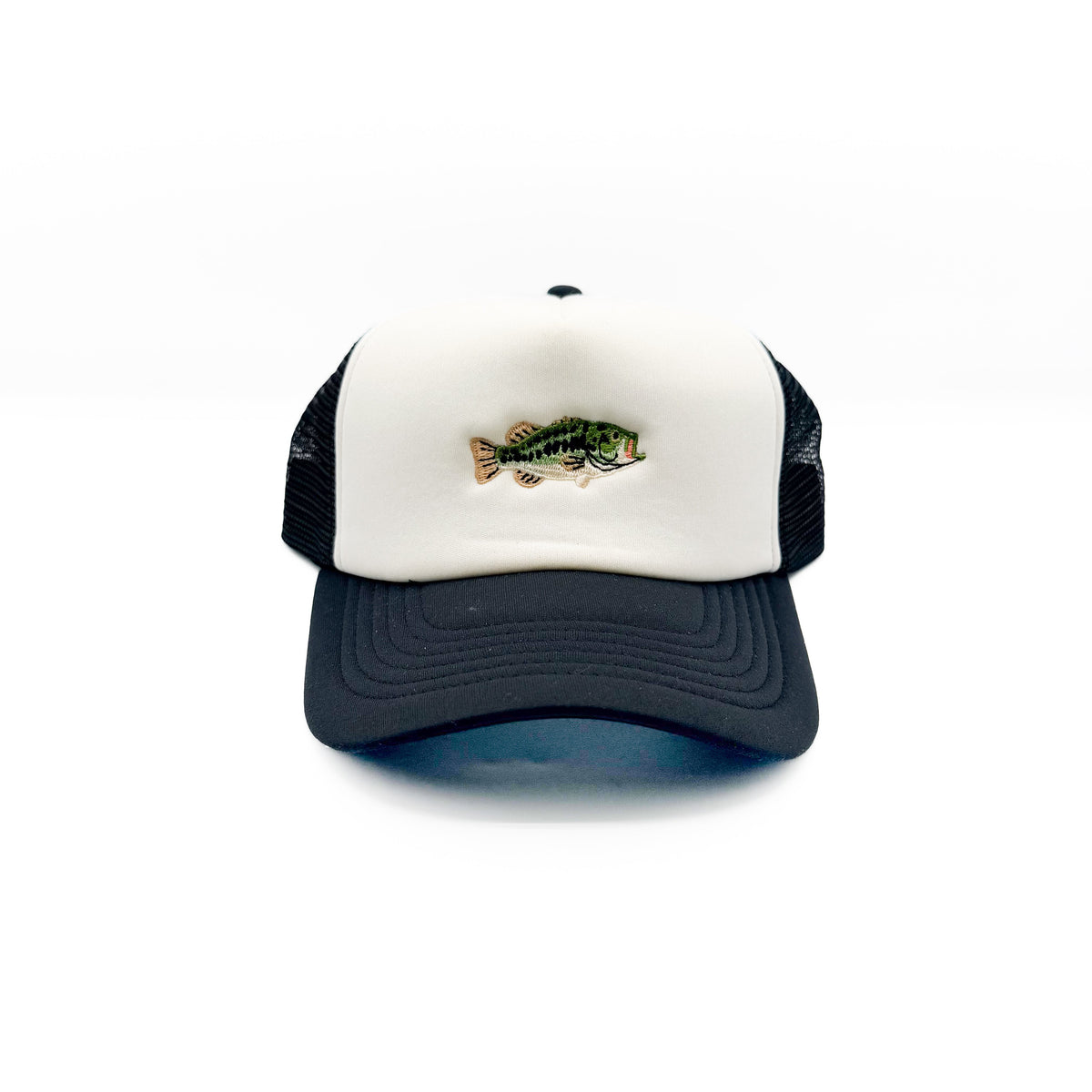 Front view of the Black/White Bass Fish Trucker Hat