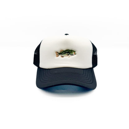 Front view of the Black/White Bass Fish Trucker Hat