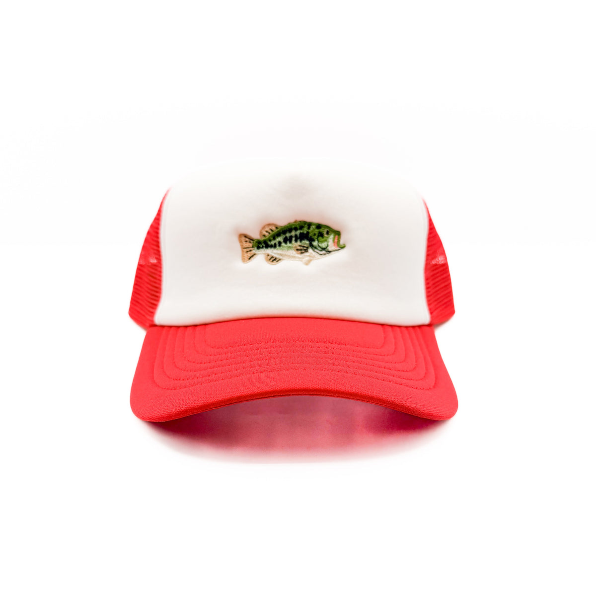 Front view of the Red/White Bass Fish Trucker Hat