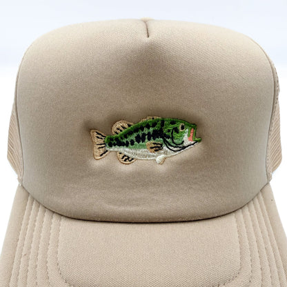 Close-up of the bass fish patch on the Khaki cap