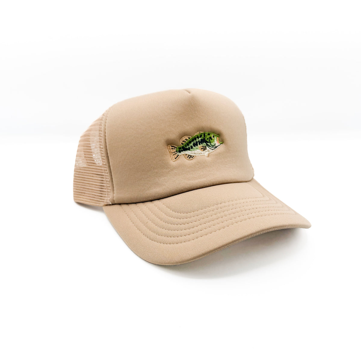 Angled view of the Khaki bass fish cap showing the mesh back