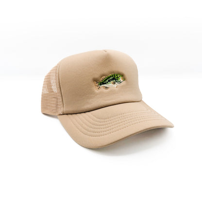 Angled view of the Khaki bass fish cap showing the mesh back