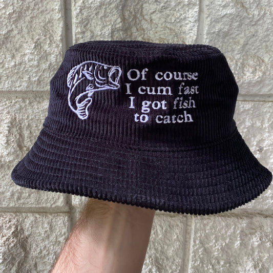 Old School Hats black corduroy Of Course bucket hat with embroidered fish and text