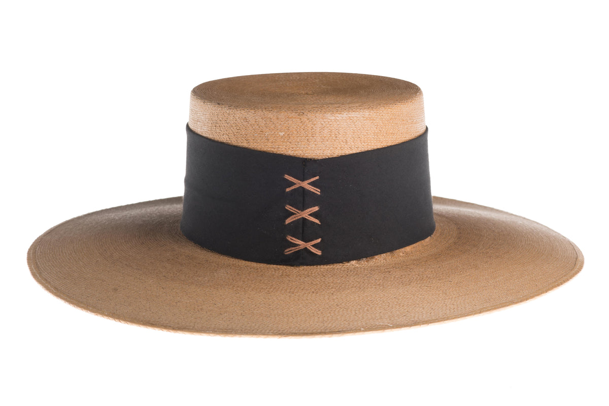 ASN Hats Isla Bonita natural boater hat, side profile showing the hatband