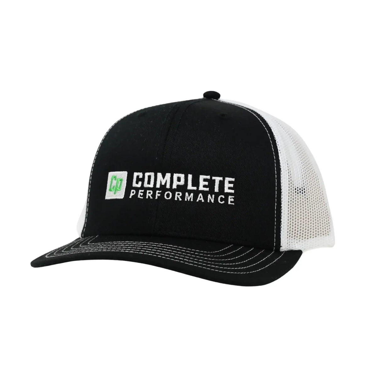 The Mad Hatter Company Complete Performance, black crown with white mesh and the Complete Performance logo