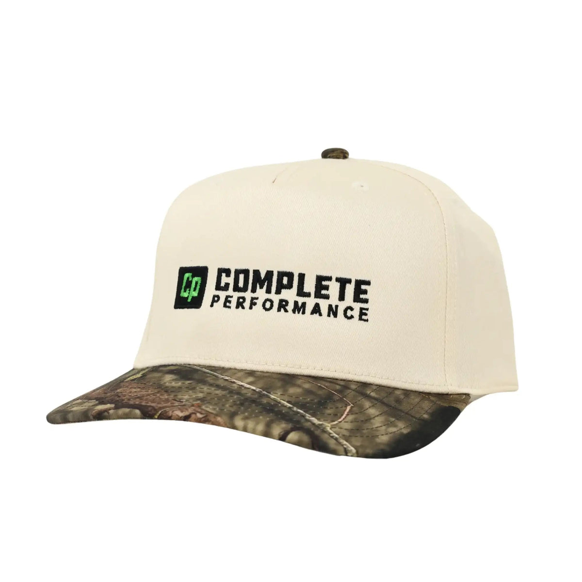 The Mad Hatter Company Complete Performance, natural crown with a camouflage brim and Complete Performance wordmark