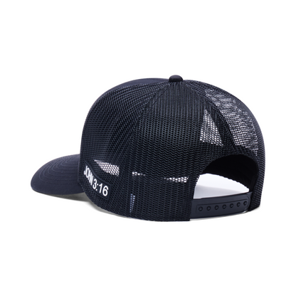 Webb Western John 3:16 (Black) cap, rear angle showing the mesh panels and snapback closure