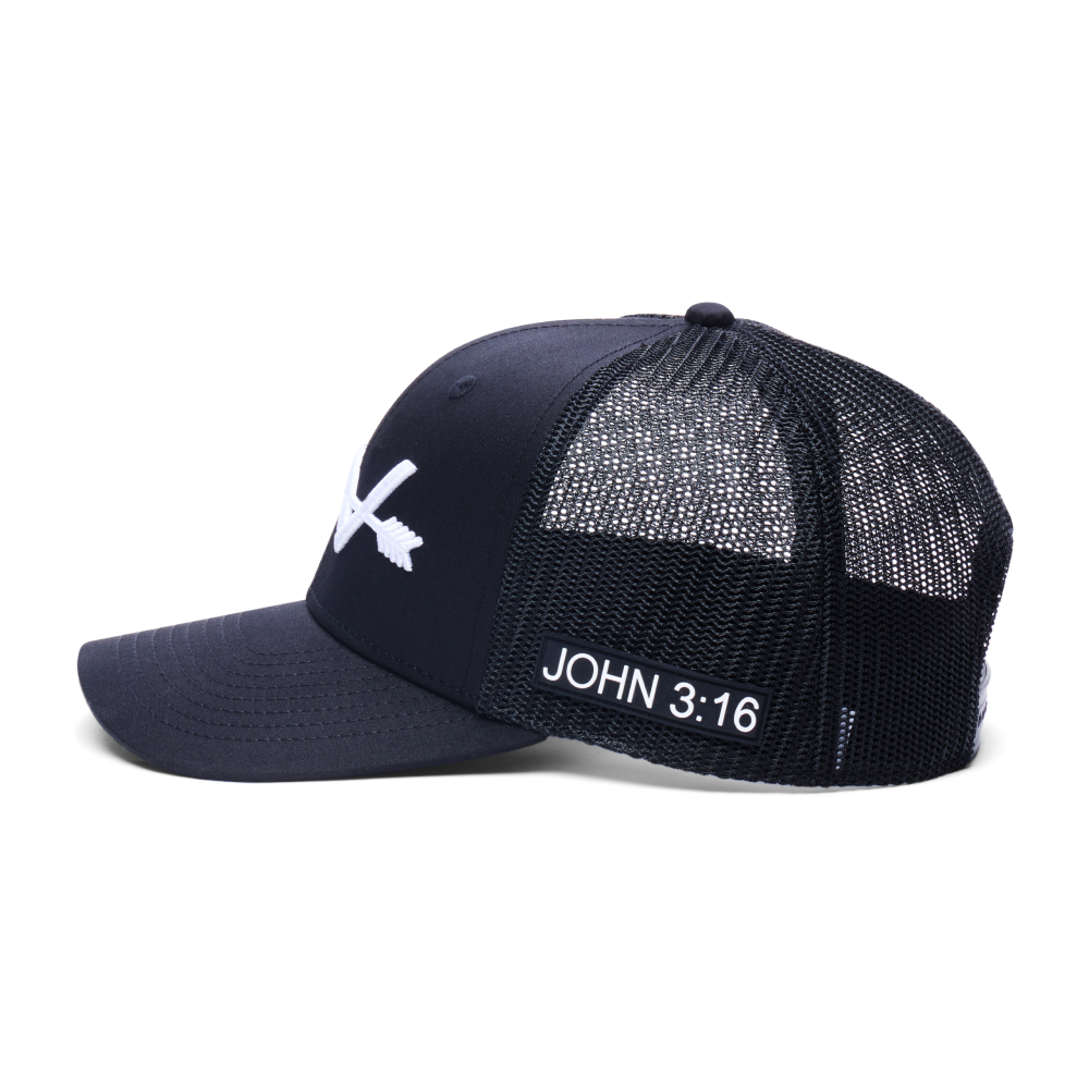Webb Western John 3:16 (Black) cap, side profile showing the mesh back and brim