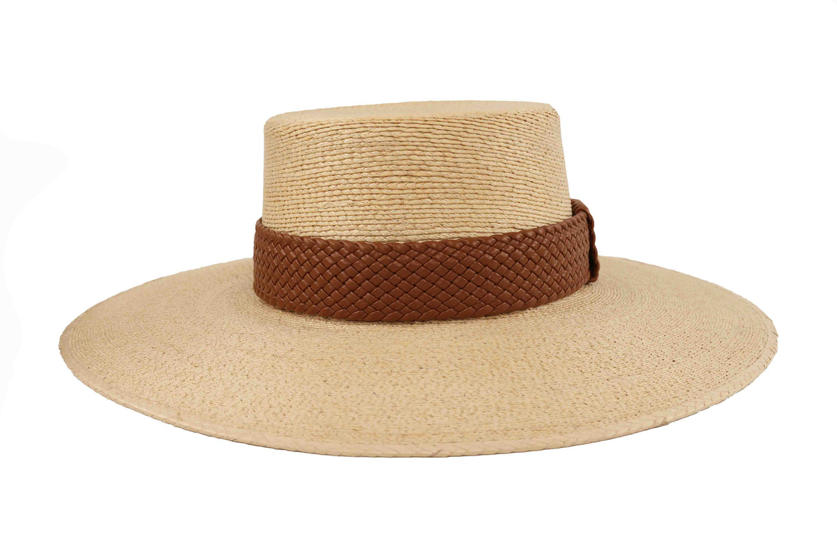 ASN Hats Lanai natural boater hat, front angle showing the flat crown and brown braided band
