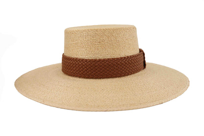 ASN Hats Lanai natural boater hat, front angle showing the flat crown and brown braided band