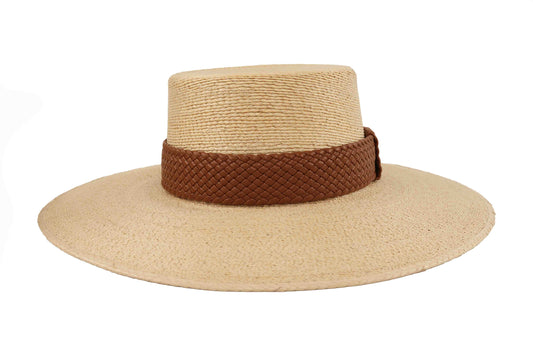 ASN Hats Lanai natural boater hat, front angle showing the flat crown and brown braided band