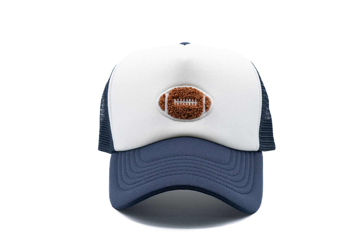Rey To Z front view of the Navy/White football-patch trucker