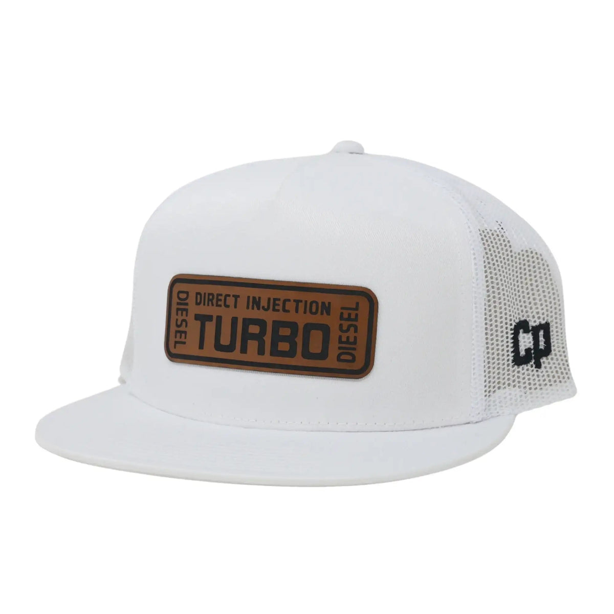The Mad Hatter Company Turbo- Complete Performance, white flat-bill cap with a brown Turbo patch