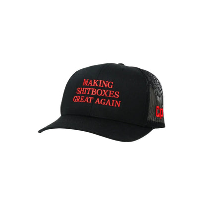 The Mad Hatter Company Making Shitboxes Great Again-Complete Performance, black mesh cap with red embroidered text