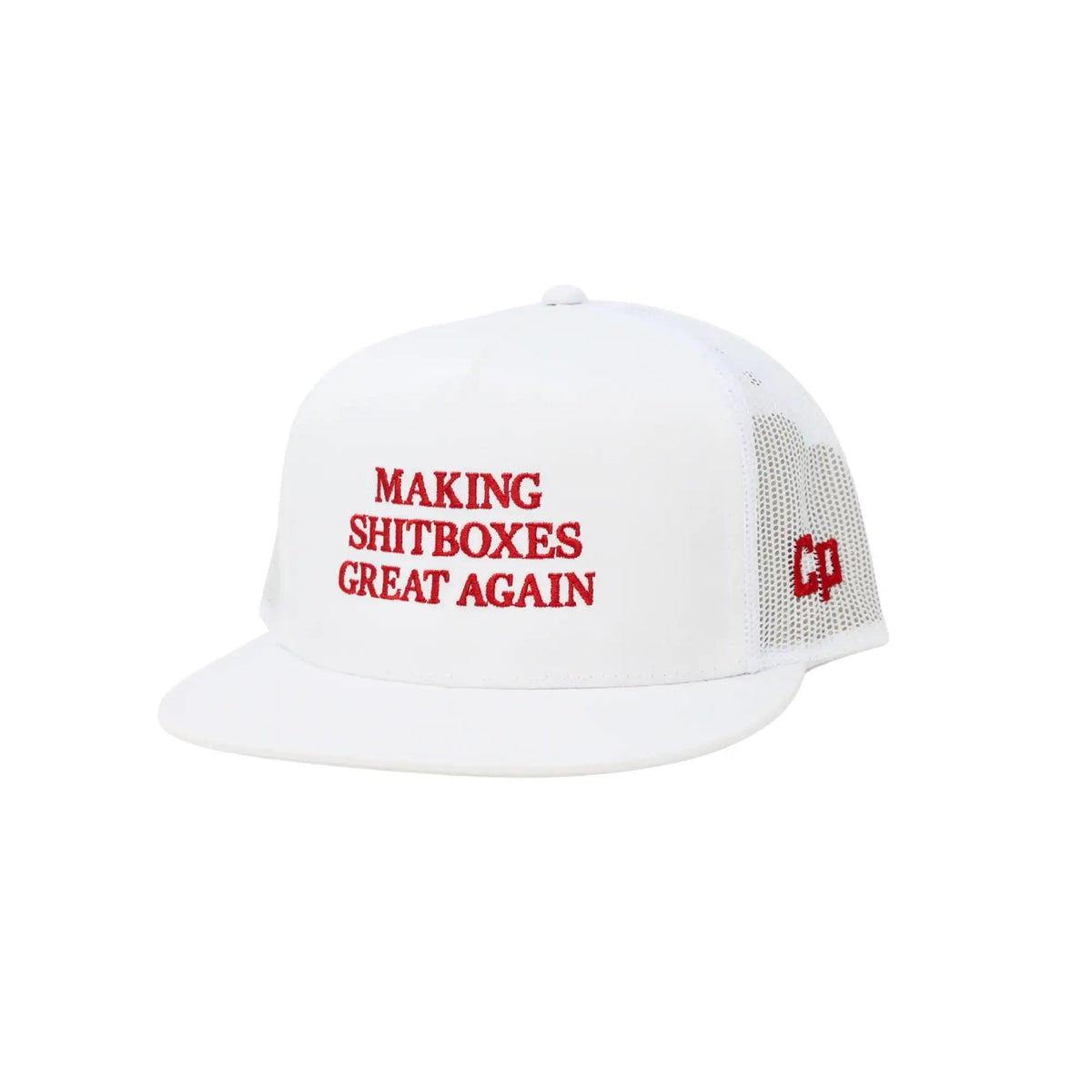The Mad Hatter Company Making Shitboxes Great Again-Complete Performance, white cap with red embroidered text and red side logo