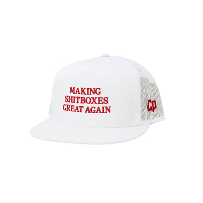 The Mad Hatter Company Making Shitboxes Great Again-Complete Performance, white cap with red embroidered text and red side logo
