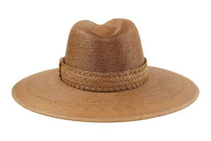 ASN Hats Ophelia tan fedora hat, rear view showing the crown and trim
