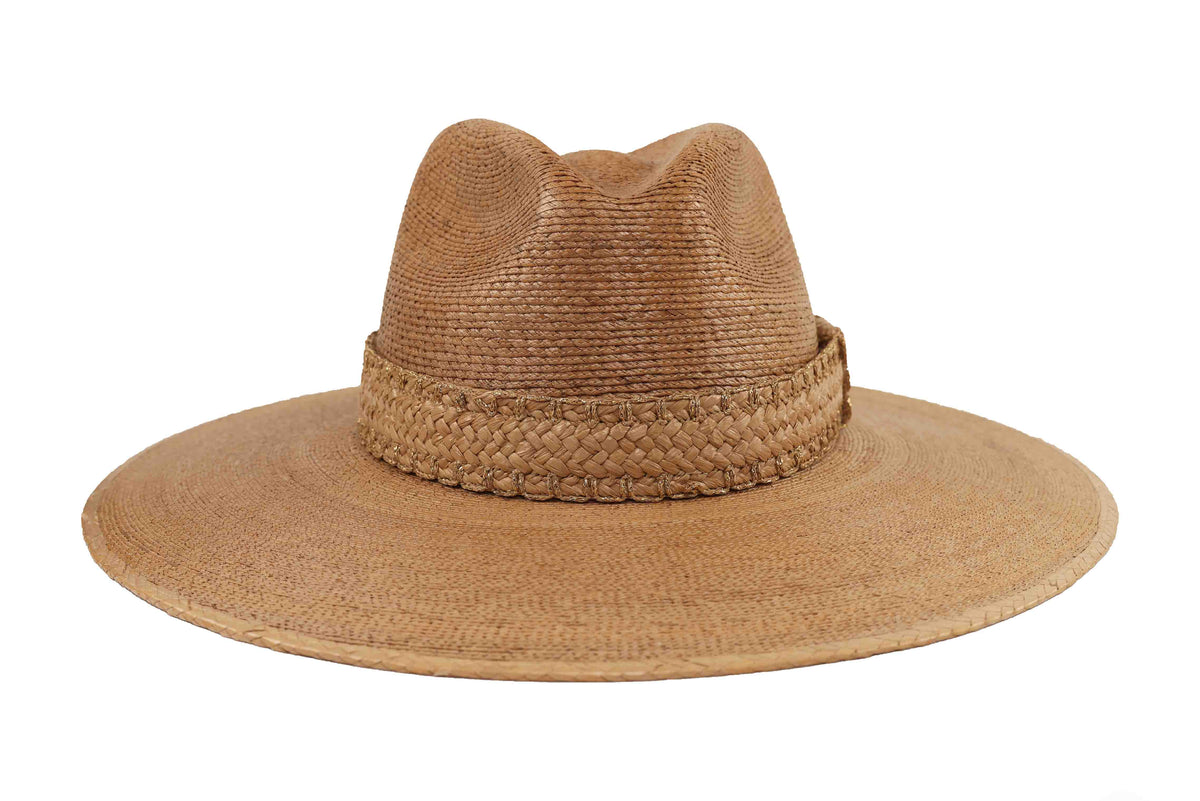 ASN Hats Ophelia tan fedora hat, front angle showing the crown and brim