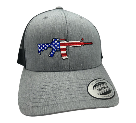 Horizon Hat Co. Patriotic AR-15 cap in heather gray and black with embroidered American flag rifle design