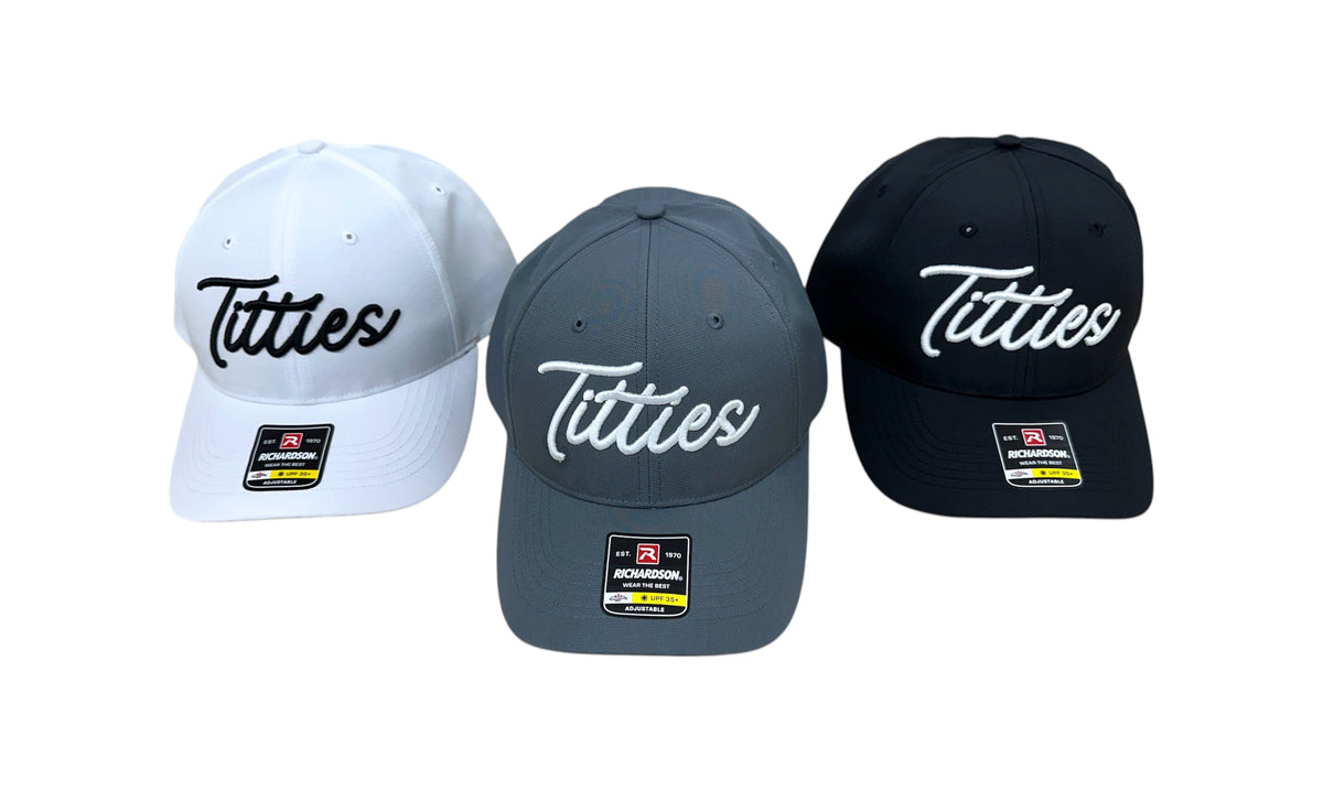 Three Horizon T*tties embroidered golf caps in white, charcoal, and black