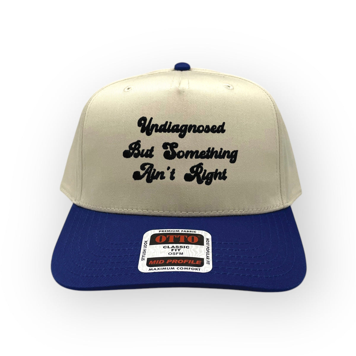 Natural and blue Otto cap with Something Ain't Right embroidery