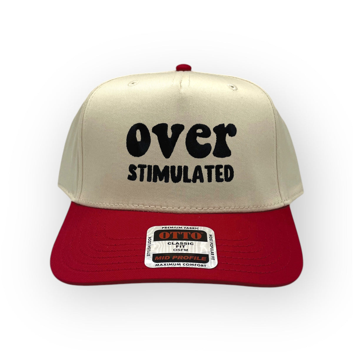 Natural and red Overstimulated cap with black front embroidery