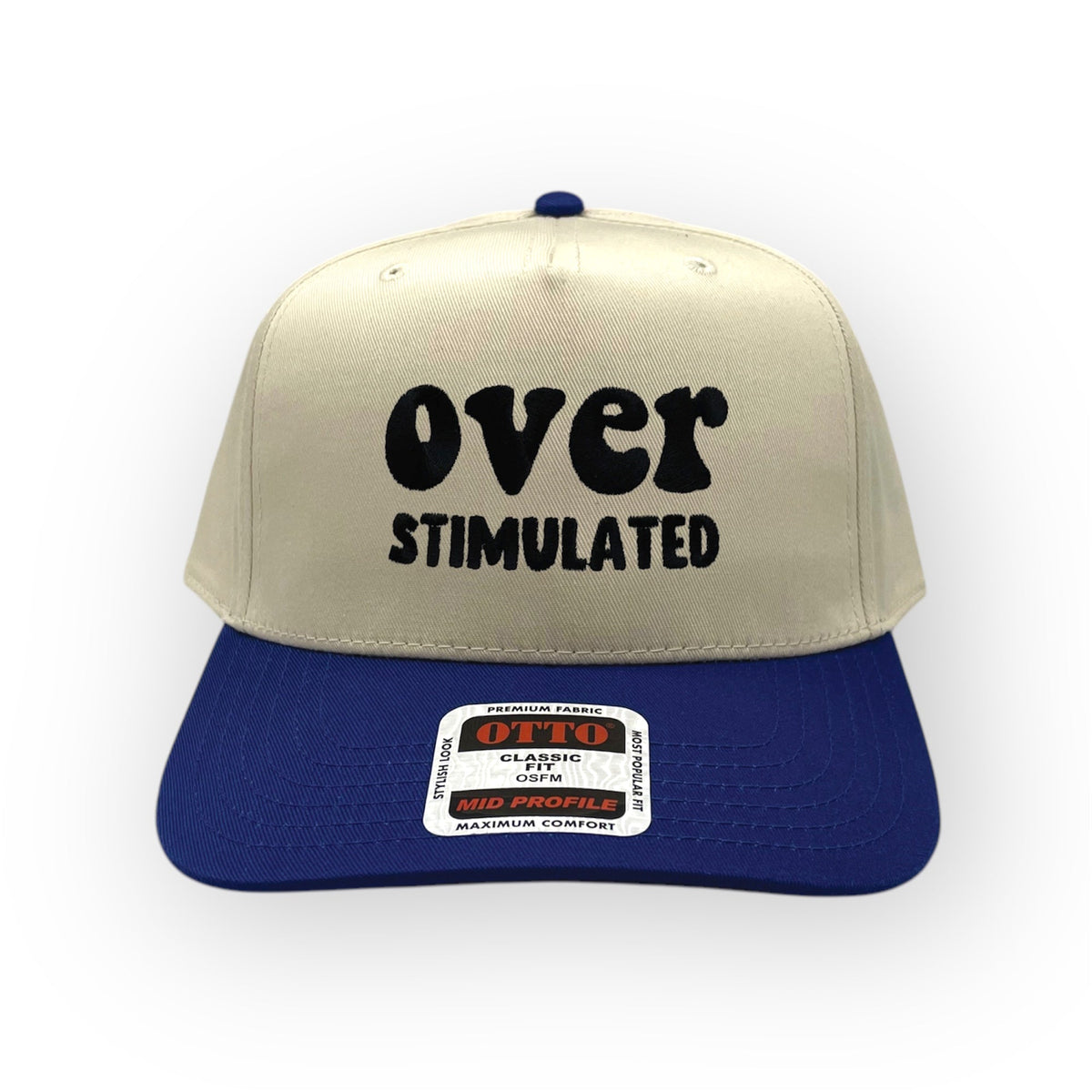 Natural and blue Overstimulated cap with bold black lettering