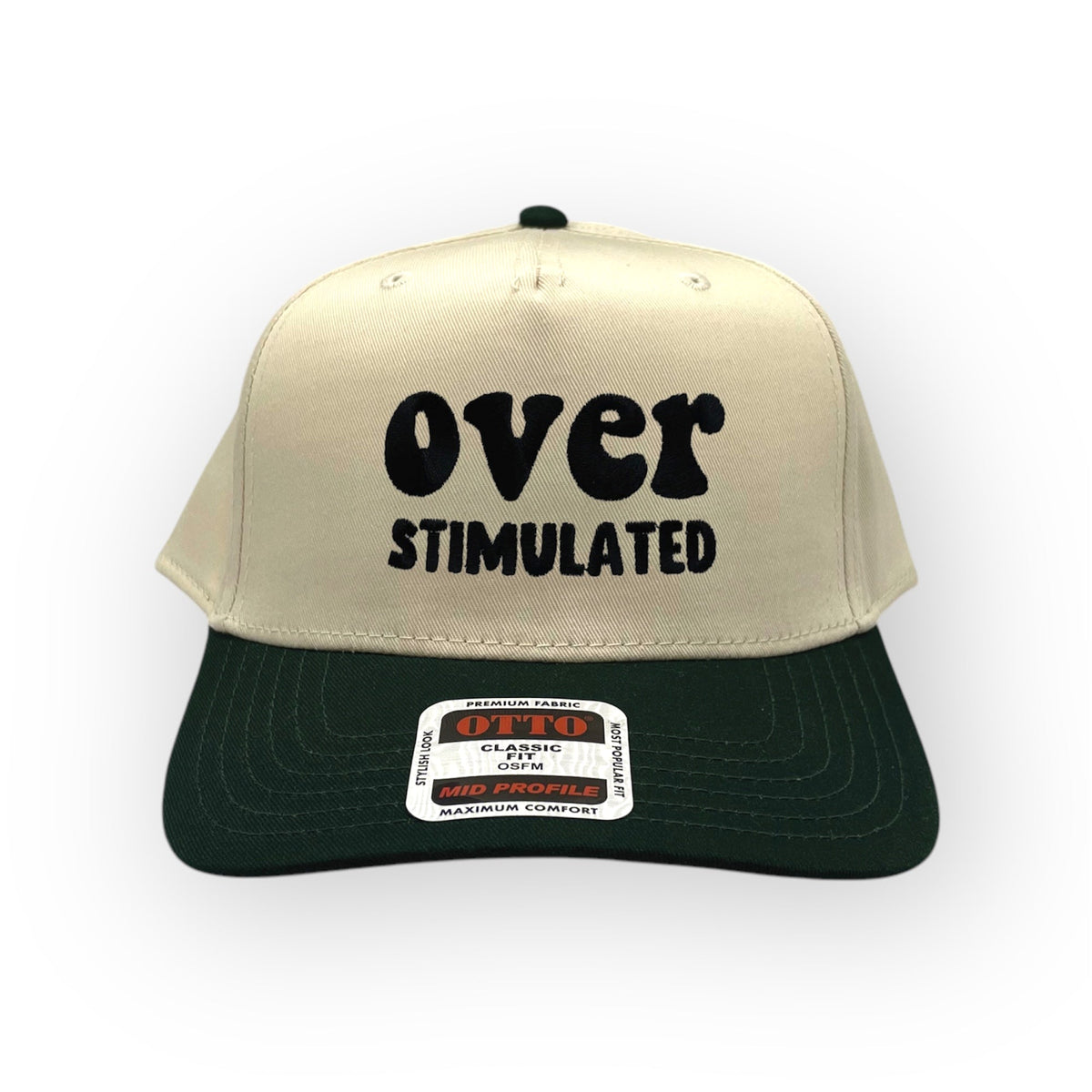Natural and green Overstimulated embroidered cap, front view