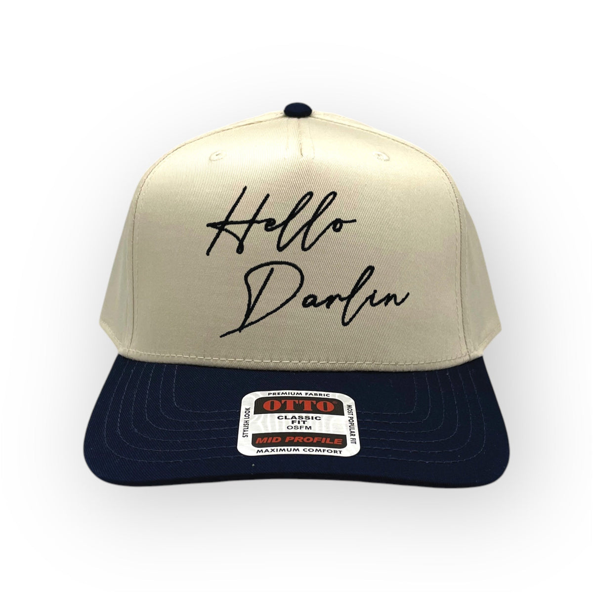 Front view of Hello Darlin' cap by Horizon Hat Co. in Natural/Navy showing hello darlin' front embroidery