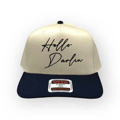 Front view of Hello Darlin' cap by Horizon Hat Co. in Natural/Navy showing hello darlin' front embroidery