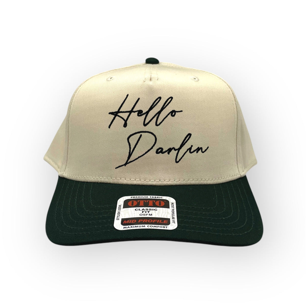 Front view of Hello Darlin' cap by Horizon Hat Co. in Natural/Green showing hello darlin' front embroidery
