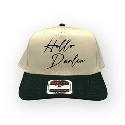Front view of Hello Darlin' cap by Horizon Hat Co. in Natural/Green showing hello darlin' front embroidery