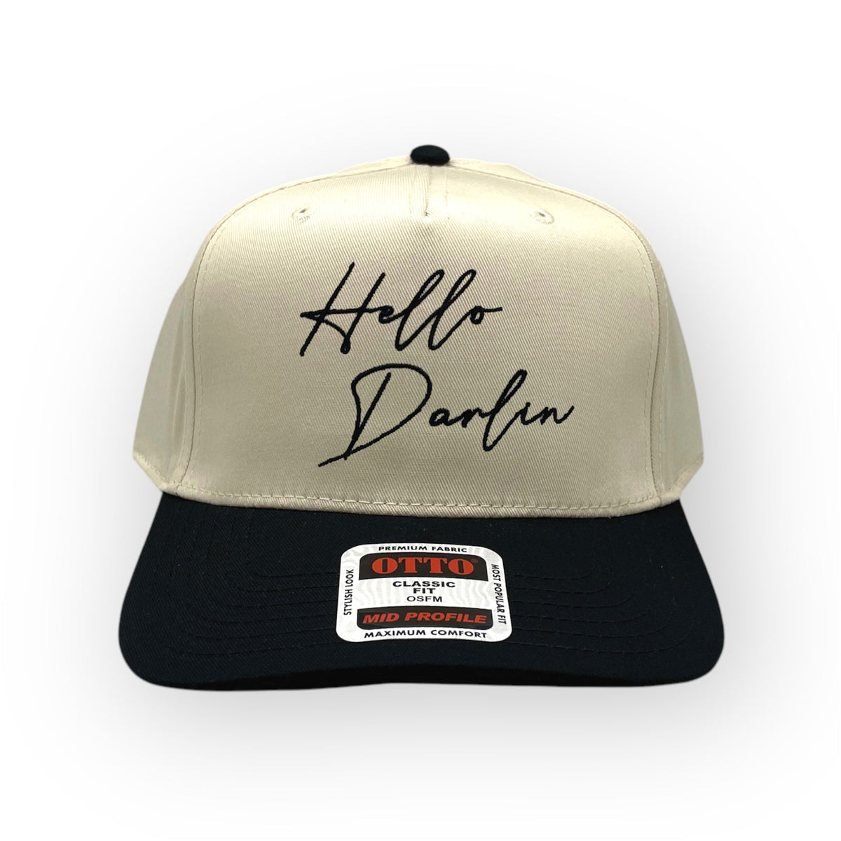 Front view of Hello Darlin' cap by Horizon Hat Co. in Natural/Black showing hello darlin' front embroidery