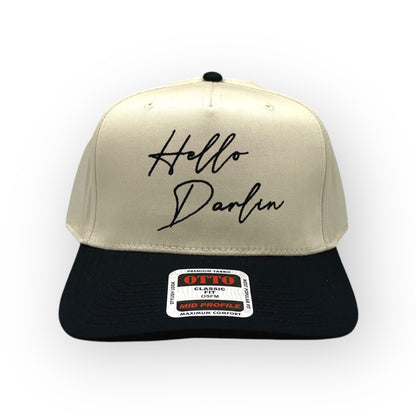 Front view of Hello Darlin' cap by Horizon Hat Co. in Natural/Black showing hello darlin' front embroidery