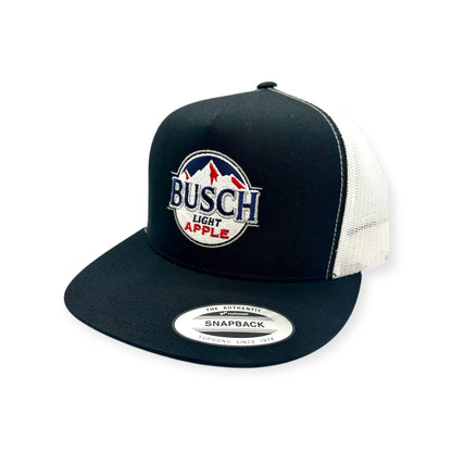 Angled view of Busch Apple Bapple cap by Horizon Hat Co. in Black/White Flat Bill Trucker showing busch apple bapple artwork, embroidered or uv-printed patch depending on the selected style