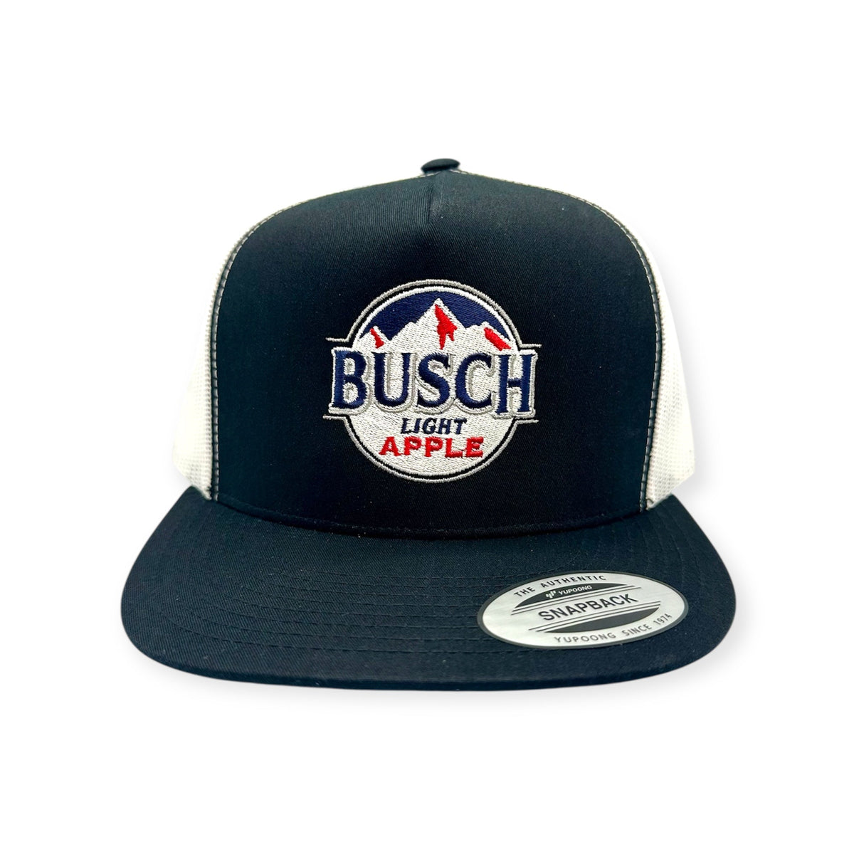 Front view of Busch Apple Bapple cap by Horizon Hat Co. in Black/White Flat Bill Trucker showing busch apple bapple artwork, embroidered or uv-printed patch depending on the selected style