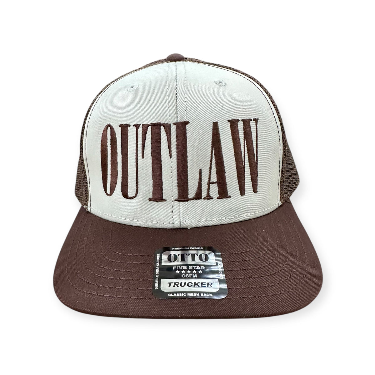 Front view of Outlaw embroidered cap by Horizon Hat Co. in natural/brown showing tall outlaw front embroidery