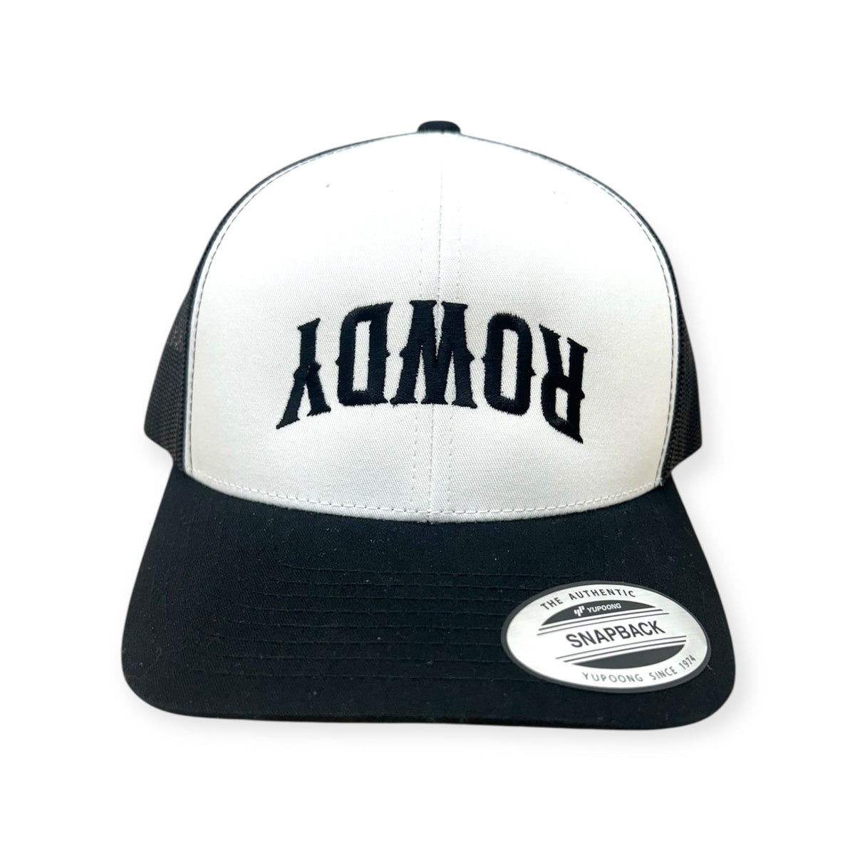 Front view of Rowdy embroidered cap by Horizon Hat Co. in white/black showing upside-down rowdy embroidery